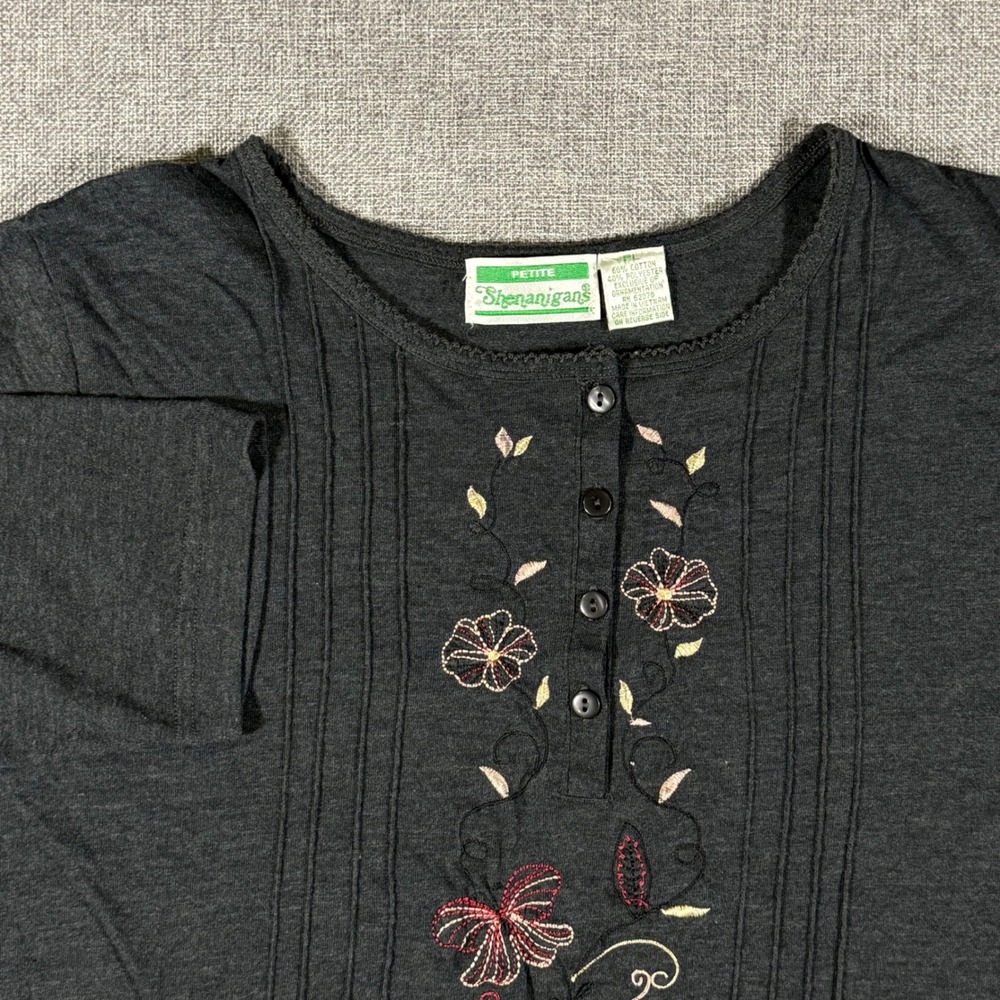 VTG Shenanigans Floral Embroidered Shirt Womens PL Gray Henley Cottagecore Top